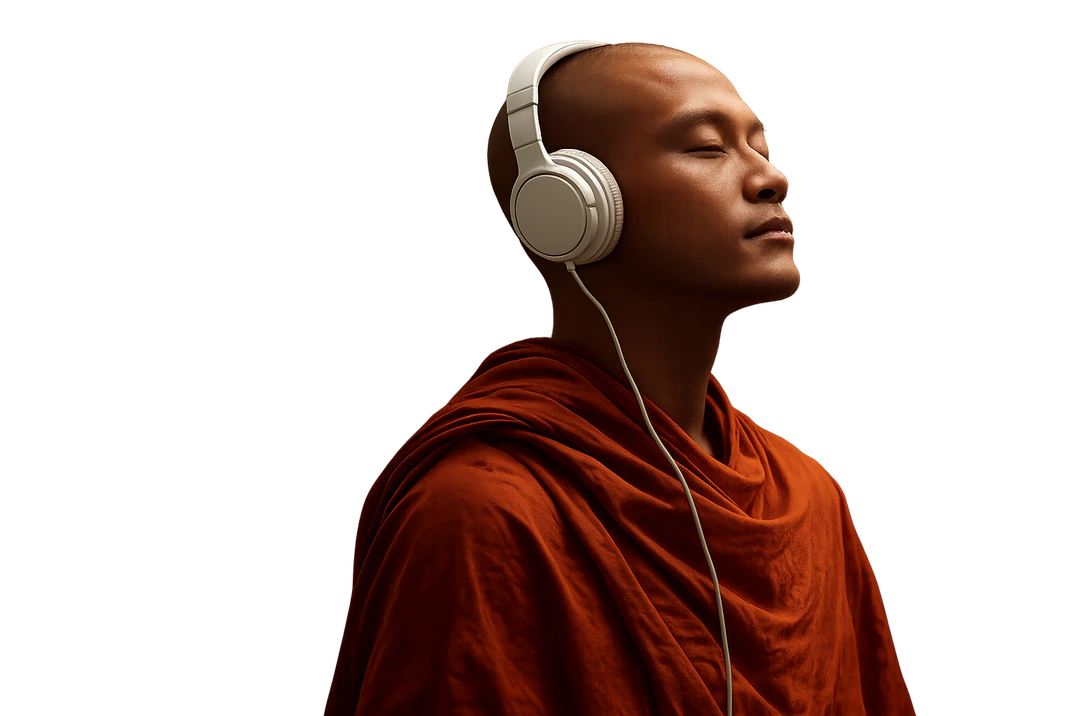 A monk in saffron robes listening through headphones